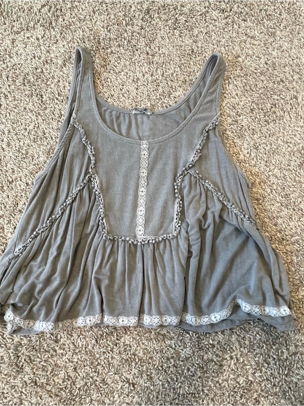 POL Gray Tank Top with White Lace Trim